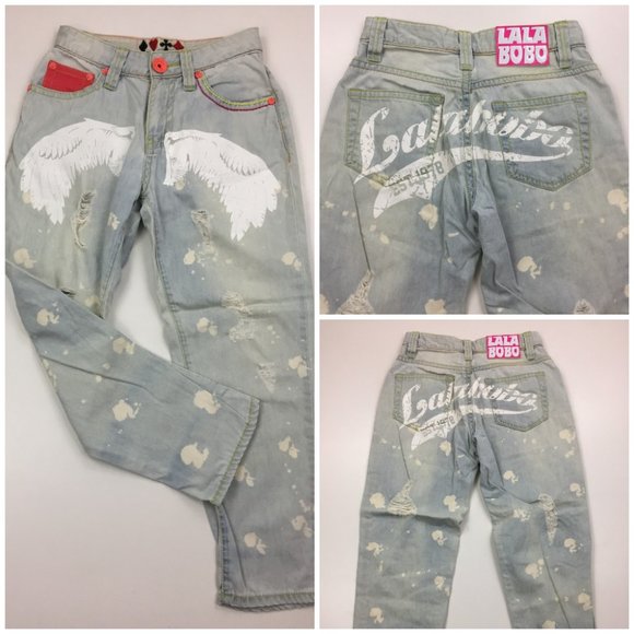 LALABOBO Distressed Large Logo Print Hi Waist Jean - Picture 1 of 12